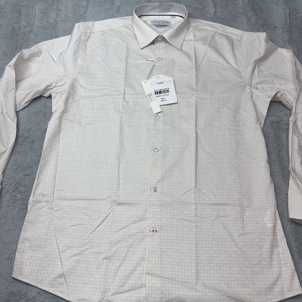 T Tahari New York Modern Fit White and Beige grid pattern button-up shirt NWT XL